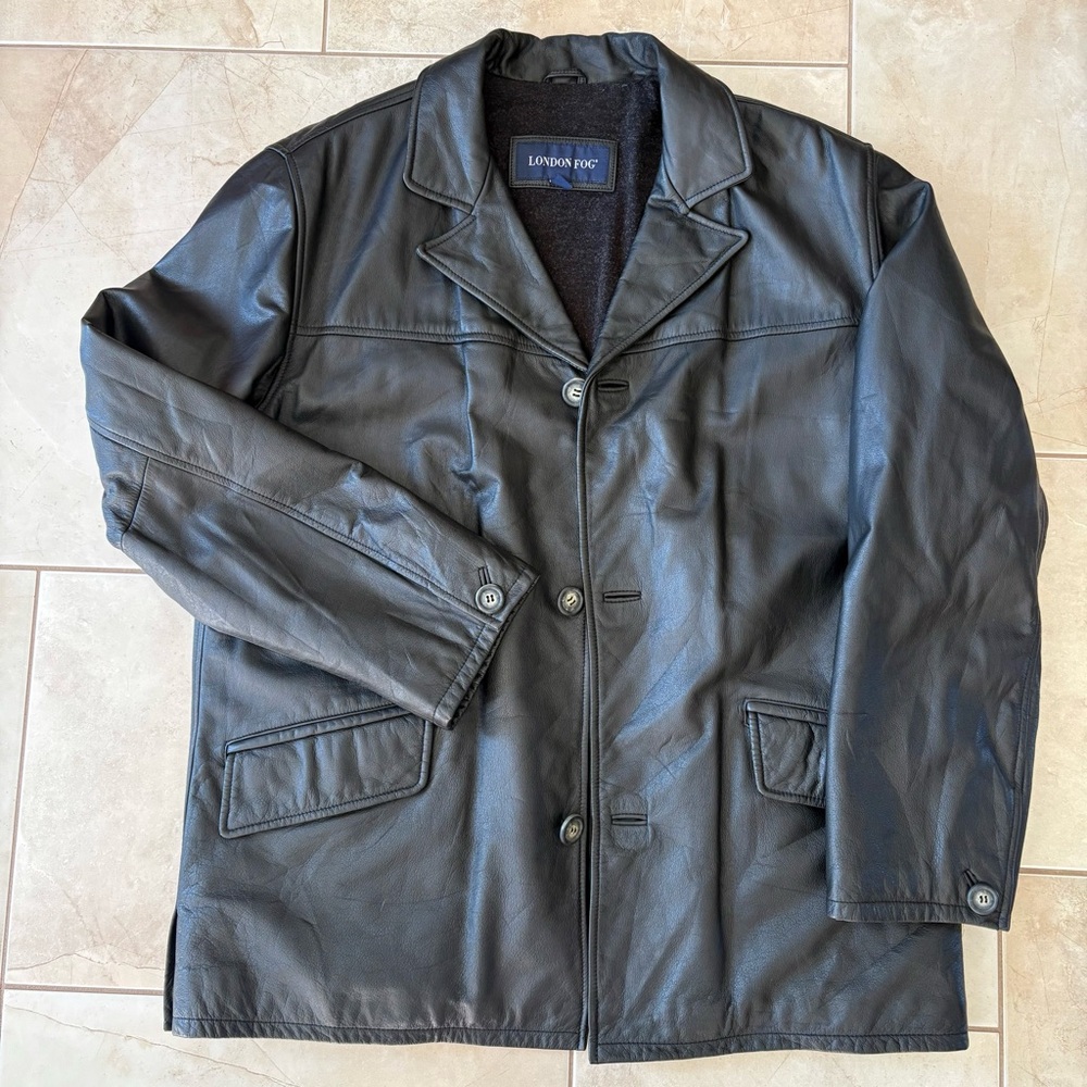 Vintage London Fog Men’s M Black Leather Car Coat Wool Blend Lined Y2K